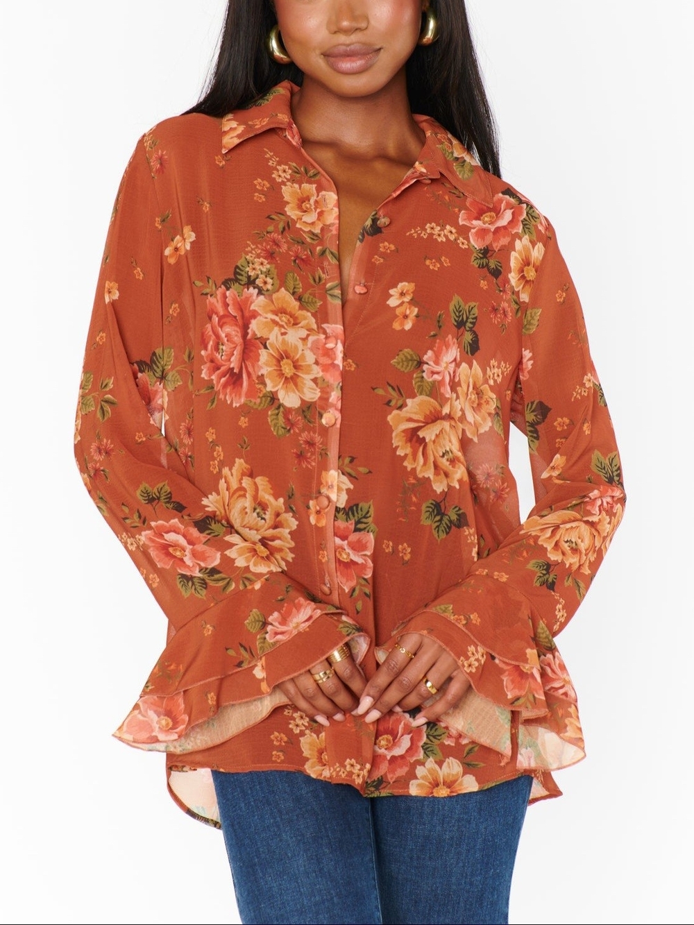 Show Me Your Mumu Carmela Top Rust Floral Chiffon Ruffle Blouse M NWT